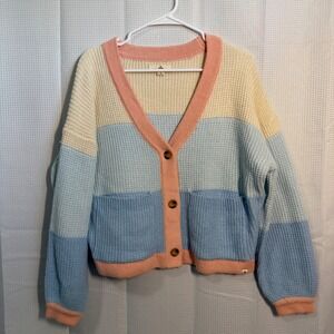 Ripcurl Colorblock Knit Cardigan Sweater Pastel Blue Pink Cream Size S